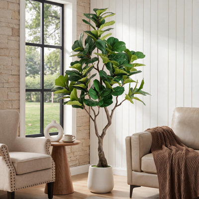 Figuier lyre artificiel, plante artificielle dans un pot rond blanc pour la décoration de la maison ou du bureau