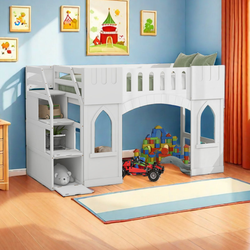 Twin Size Loft Bed With Storage Staircase And Window, White