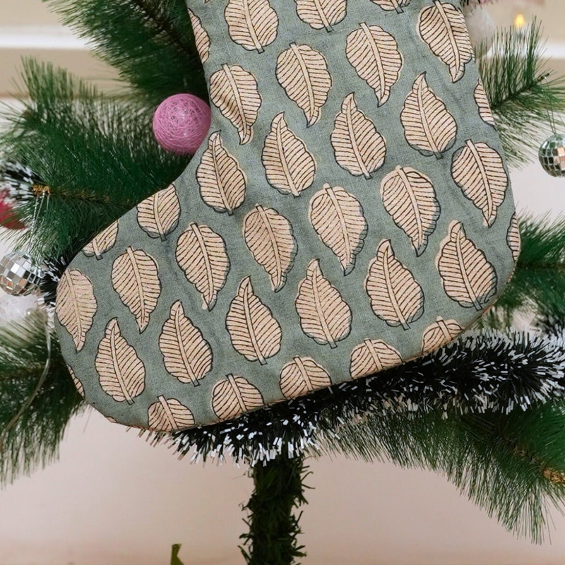  Chaussette de Noël en lin imprimée à la main à imprimé bloc festif - Panchi, H 16 po x l 6,5 po