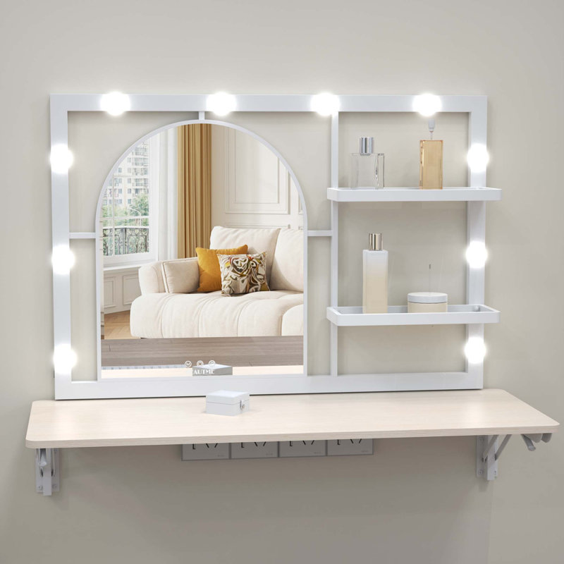 Coiffeuse murale flottante avec miroir arqué pour garde-robe, miroir de coiffeuse avec 12 ampoules DEL, cadre en métal, avec 4 étagères en métal, 89 x 74 cm