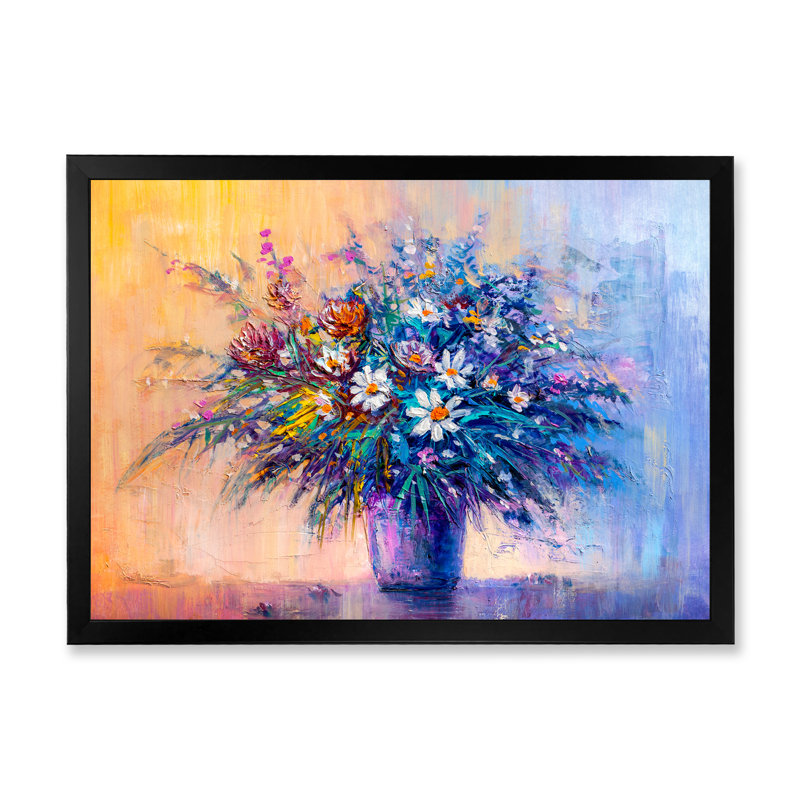 Fleurs abstraites bleues Marguerite II - reproduction sur cadre flottant sur toile, Cadre noir, H 16 po x l 32 po x P 1 po