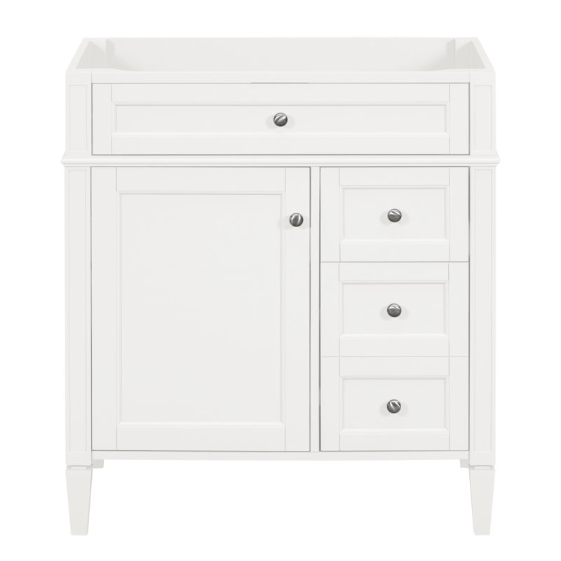 Meuble-lavabo de salle de bain de 30 po sans lavabo supérieur Waguespack, 3 tiroirs, organisateur de porte d'armoire, tablette réglable, tiroir basculant, rangement divers, design moderne, assemblage en bois massif blanc à pieds romains exquis