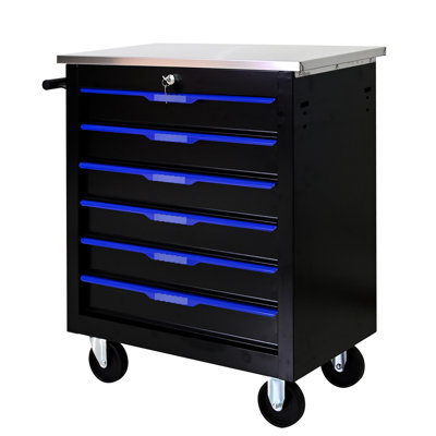 6 Tool Trolley On Wheels - Black + Blue, Powder Coated Steel, Key Locked Drawers, Smooth Steel Countertops, Movable