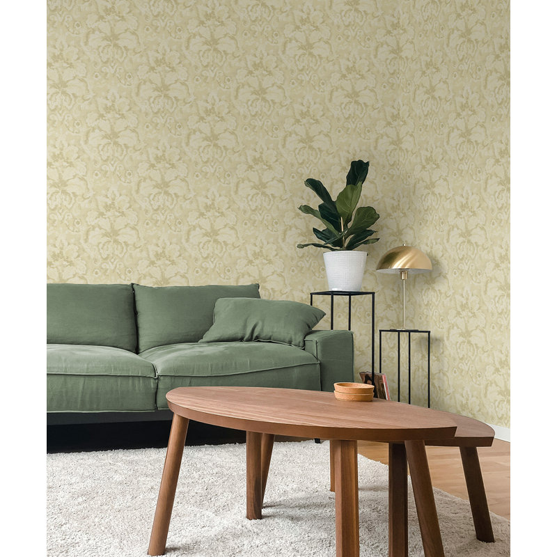  Papier peint damassé à motif floral Brutus Designs, Crème au beurre métallique
