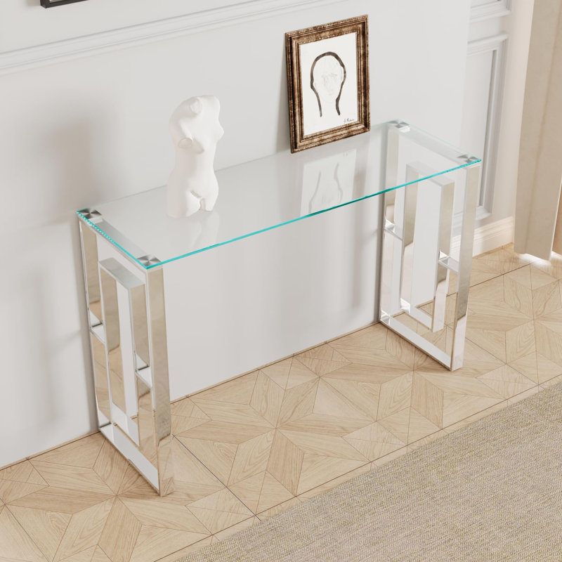 47.2" Glass Top Console Table With Stainless Steel Base, Silver
