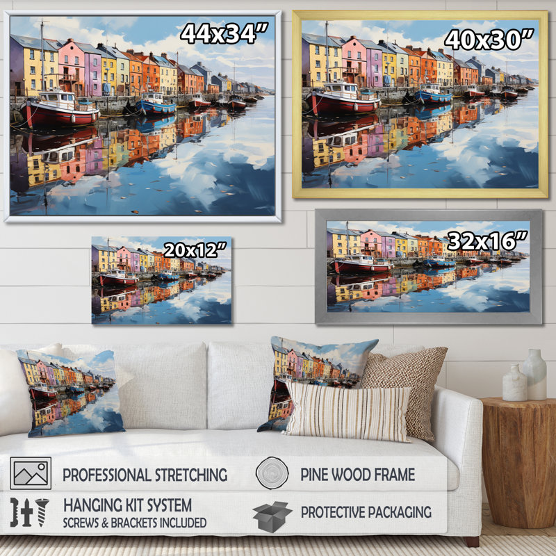 «Ireland Harbor Reflectionsan Acrylique I», reproduction encadrée, Cadre simple noir, H 16 po x l 32 po x P 1 po