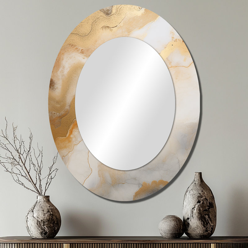 Peinture abstraite beige et or Geyser III - Grand miroir mural ovale sur métal, 40 po x 30 po