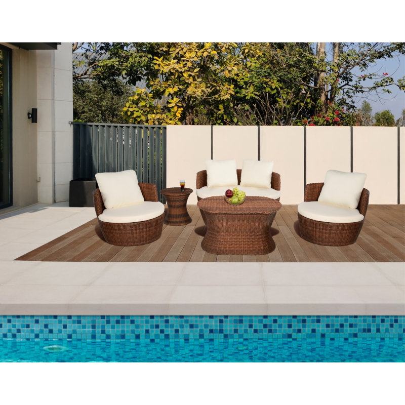Rias Wood 4 - Person Patio Conversation Set with Cushions, Orange, Dark Brown, No