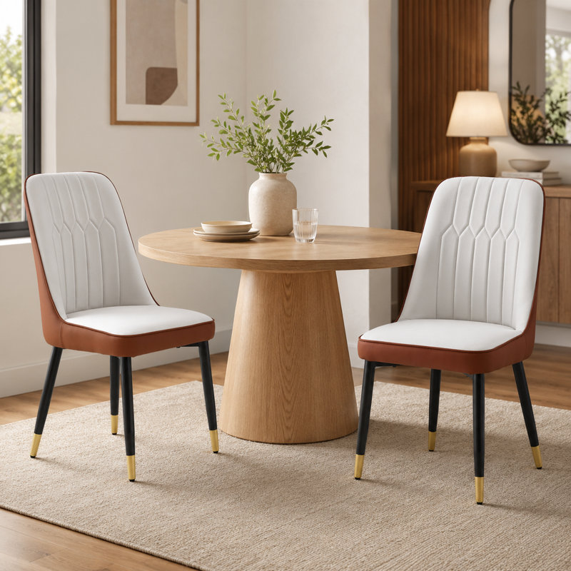 Chaises de salle à manger modernes en similicuir deux tons avec capitonnage géométrique et pieds en métal, Brun / Gris clair