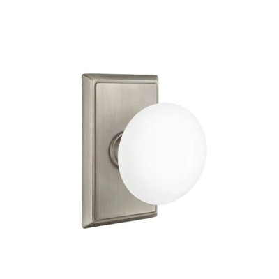 Ensemble de mortaise intérieure Emtek avec rosette rectangulaire et bouton en porcelaine blanc glacé (LH)