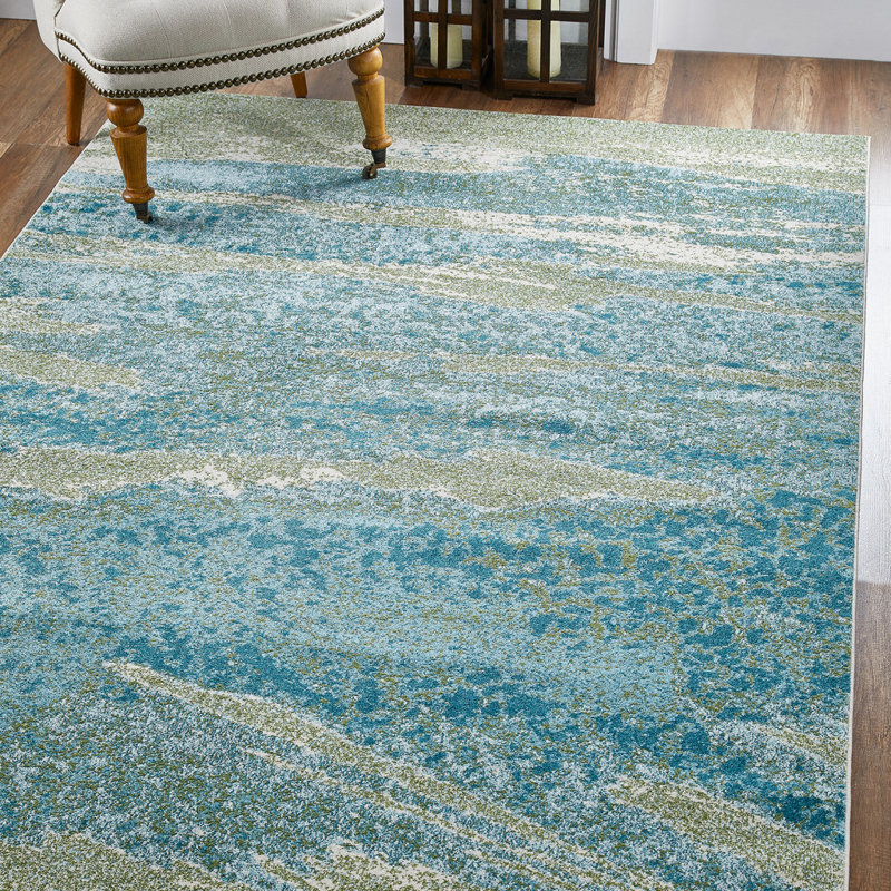Blue and Green Abstract Area Rug, Rectangle 8' x 11'
