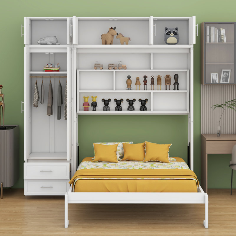 Lit escamotable mural avec armoire supérieure, tablettes et garde-robe, lit pliable peu encombrant, Blanc