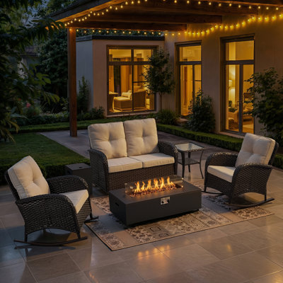 Esquer 5-Piece Outdoor Wicker Loveseat Conversation Set With Rocking Chairs And Separate Fire Pit Table