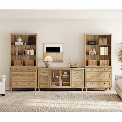 Sideboard Cabinet With Bar Hutch, Buffet Cabinet With 6 Drawers, 3 Tier Shelves And 4 Doors, Oak, 125''