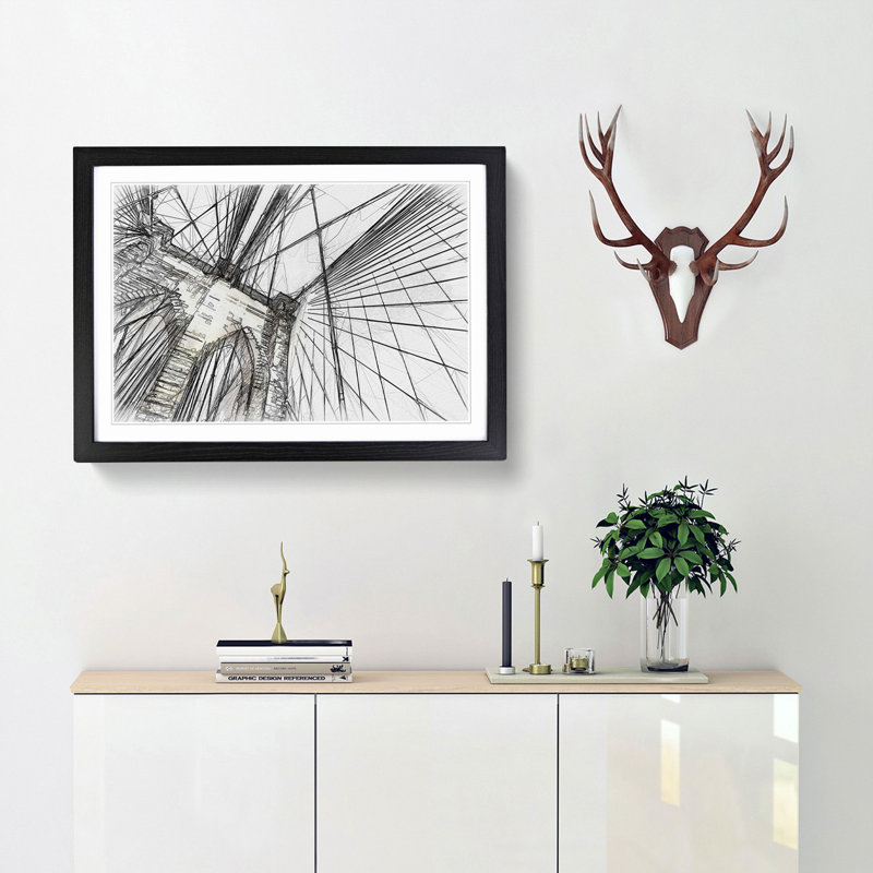 The Brooklyn Bridge in New York City in Abstract - Picture Frame Drawing Print, 62cm H x 87cm W x 2cm D, Black Framed