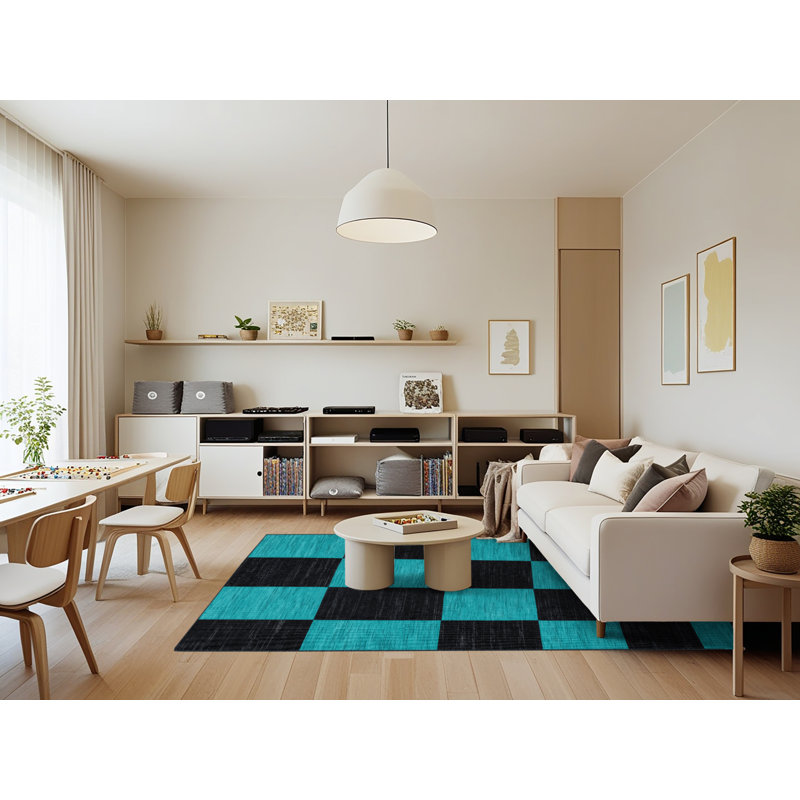 Tapis damier noir lavable à la machine, Rectangle 7 pi x 9 pi