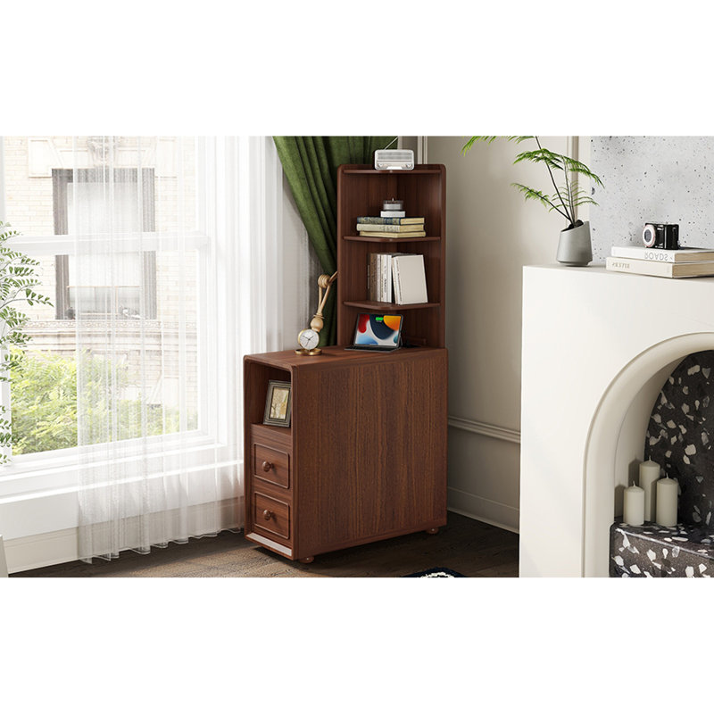 Table de bout avec tiroirs, table de coin avec tablettes ouvertes, table d'appoint haute pour chambre à coucher et coin