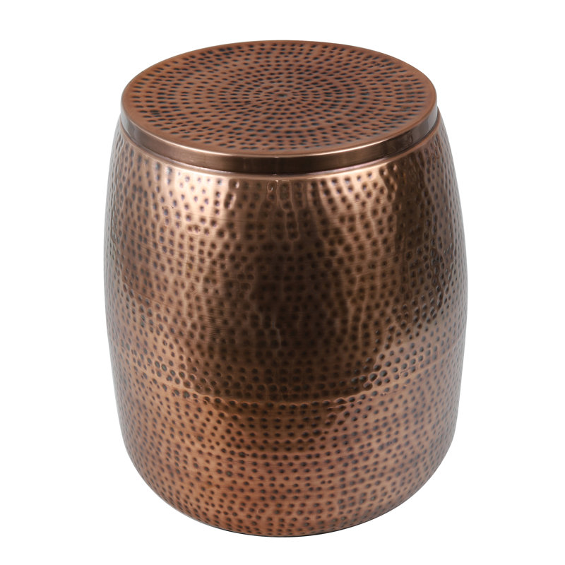 Merida 19" Modern Rustic Hammered Metal Drum Storage Side Table with Lid, Brown