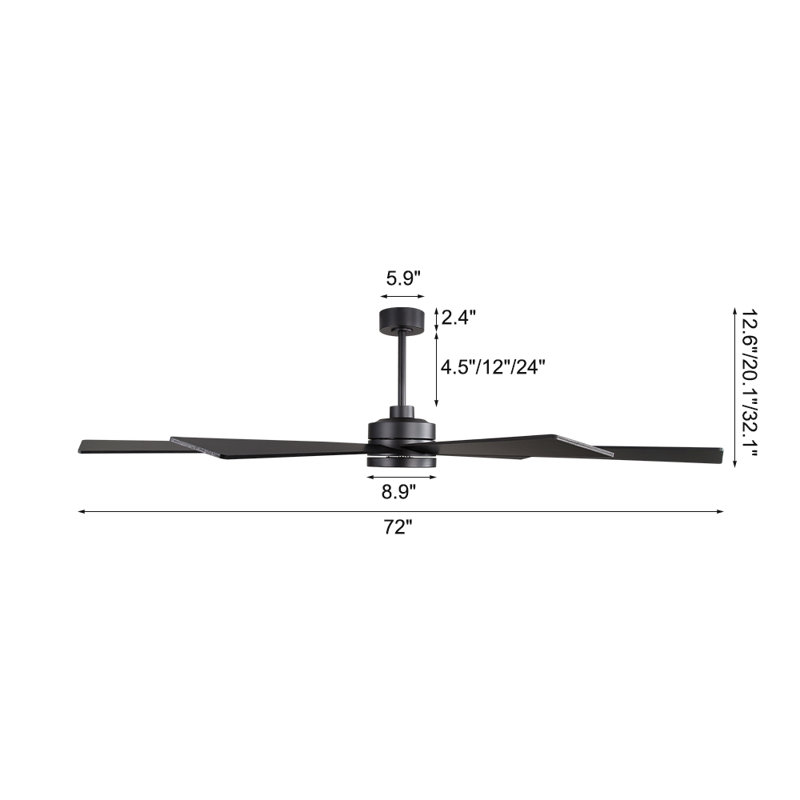 Indoor Ceiling Fan With Remote, 9 Plywood Blades, 72", Black