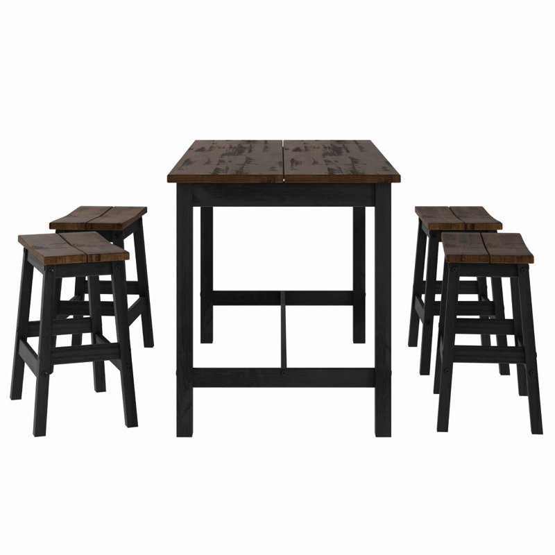 Wood Dining Set Table And 4 Stools Delija | August Grove®, Dark Oak/Black, Black