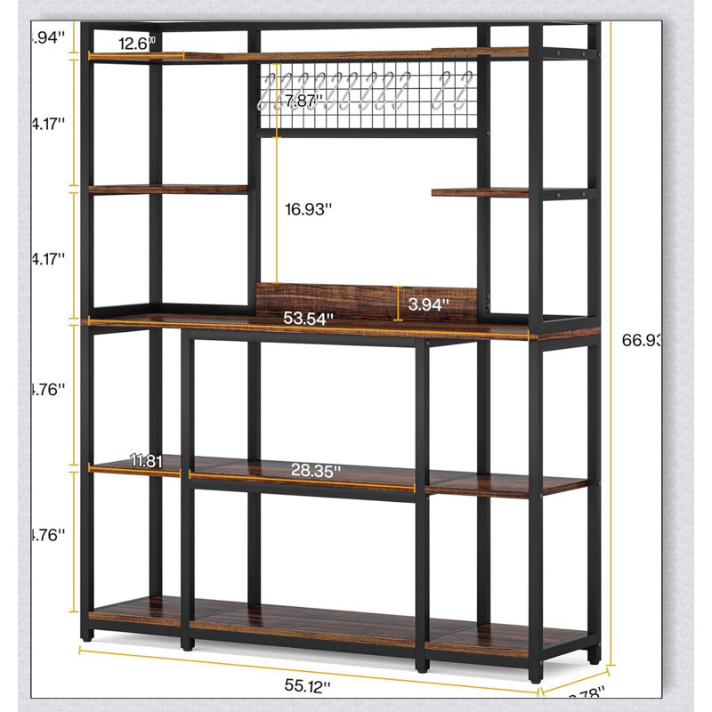 Grand support de boulanger industriel de 55 pouces avec huche, étagère de rangement de cuisine à 5 niveaux, crochets, support pour micro-ondes, organisateur de cadre en métal