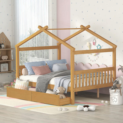 Bed Frame, Wooden House Bed With Storage Drawers