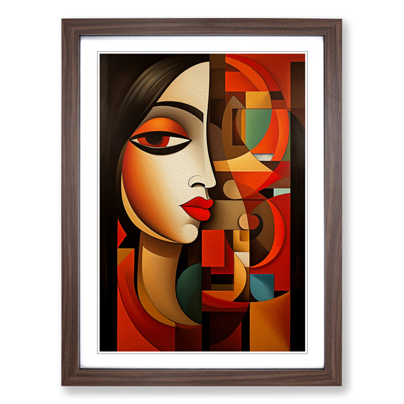 Indian Woman Cubism - Single Picture Frame Print on Wood, Walnut Framed, 46cm H x 34cm W x 2cm D