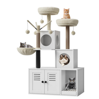 Arbre à chat avec bac à litière caché, tour de chat d'intérieur tout-en-un avec poteau à griffer en sisal et armoire à litière en bois moelleux