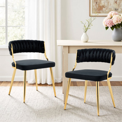 Christal 2 Piece Velvet Upholstered Dining Chair Set with Tufted Curved Weaved Back and Metal Legs