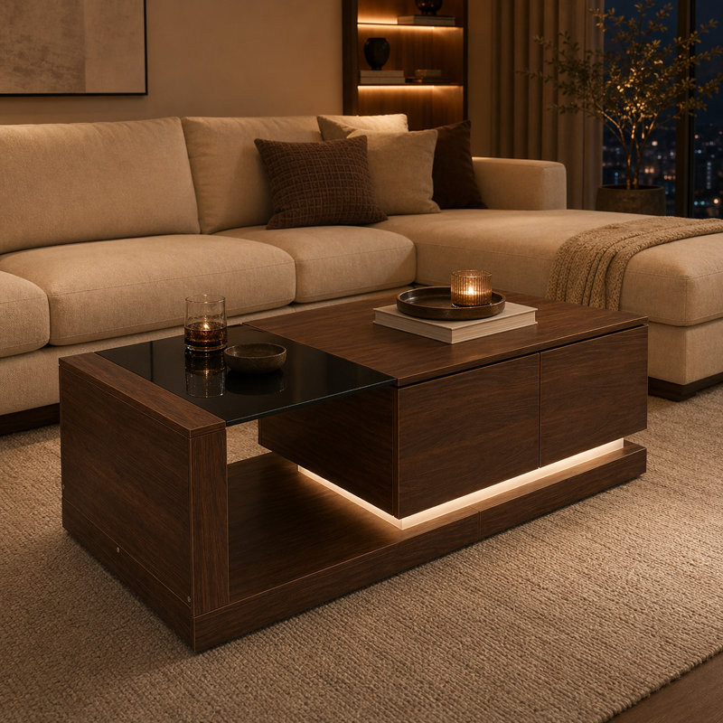 Table basse moderne en noyer de 59,1 po avec 2 tiroirs et lumière DEL Culver