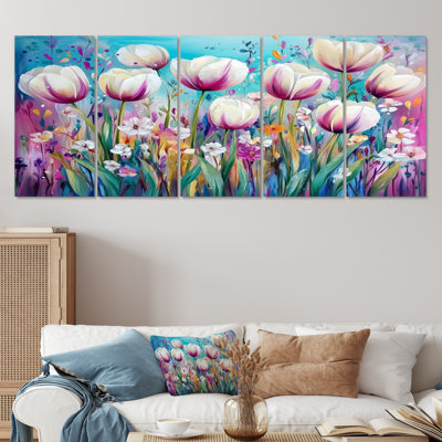 Fantaisie lavande et tulipes champ IV - art mural de tulipes - art mural traditionnel pour le salon 5 pièces