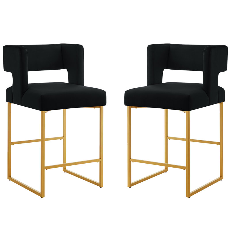 Ensemble de 2 tabourets de bar de 26 pouces de haut, dossier carré orné de velours, avec structure en métal doré, capacité robuste de 300 livres.