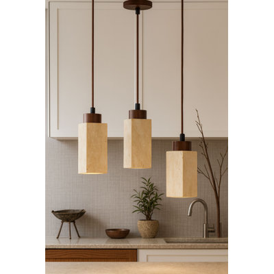 Elegant Chandelier with Wood Veneer Metal Body, Adjustable Height 9.1 - 60.2 inches | Beige & Walnut Finish | 3 x GU 10 Socket (Max 10W) | Stylish Lighting for Living Room, Dining Room & Entryway Decor | IP20 Rated