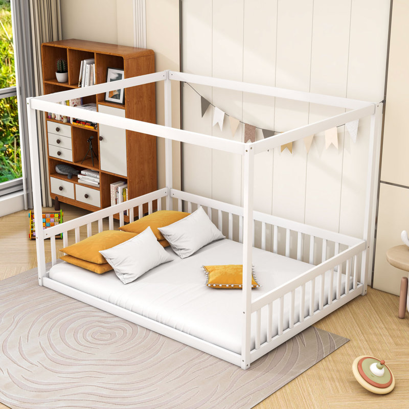 Wooden Canopy Floor Bed With Fence, Full, White