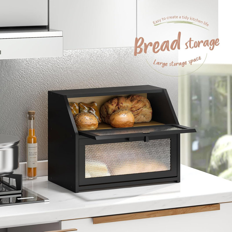 Black Double Layer Farmhouse Bread Box with Diamond Pattern Windows
