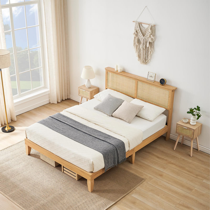 Structure de lit double en rotin naturel avec tête de lit à DEL et pieds en bois, aucun sommier nécessaire, Double