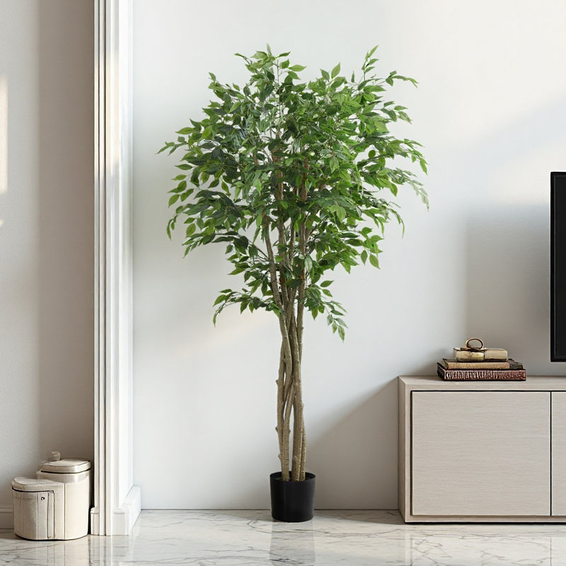 Arbre ficus artificiel de 78 po de hauteur - arbre artificiel Real Touch avec 1674 feuilles vertes réalistes, conception à deux troncs, en pot de ciment noir