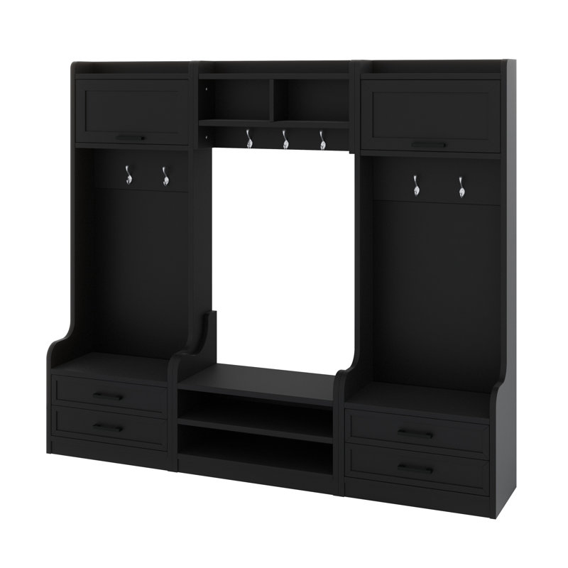 Detachable Hall Tree With Storage And Seven Hooks,  Hallway Coat Rack With Storage Drawers And Cabinet, Black