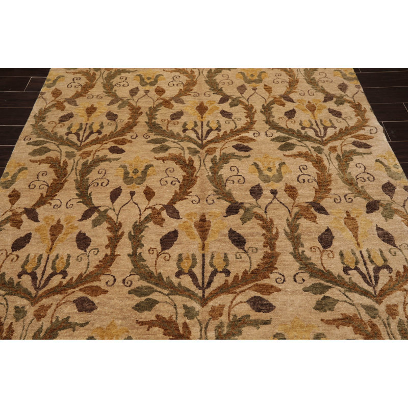 Hand-Knotted Tan and Brown Wool Oriental Rug, 6' x 9'