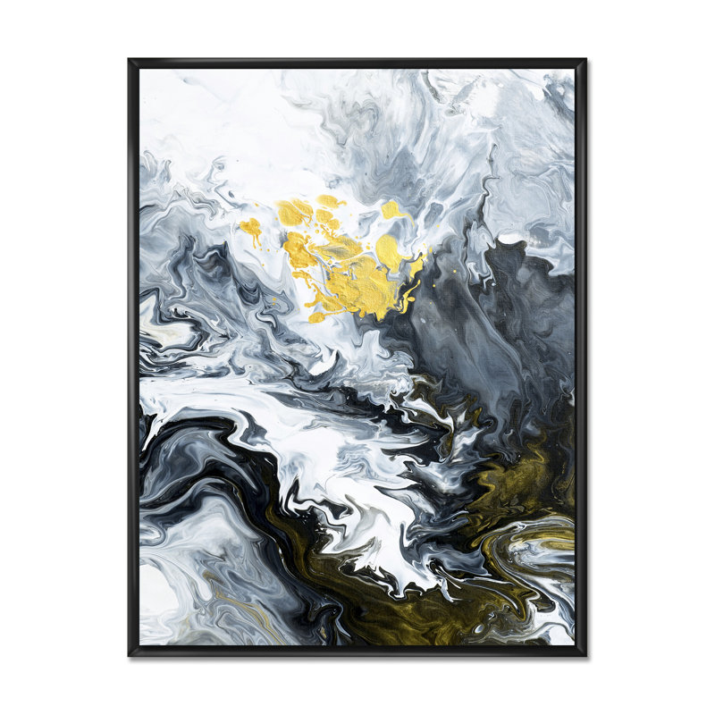 Or blanc et nuages de marbre jaune III - peinture sur toile, H 40 po x l 30 po, Cadre flottant noir