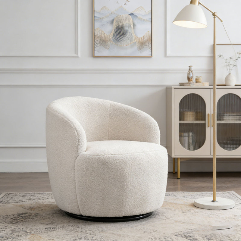 Swivel Accent Armchair Barrel Chair With Black Powder Coating Metal Ring, Ivory White Teddy