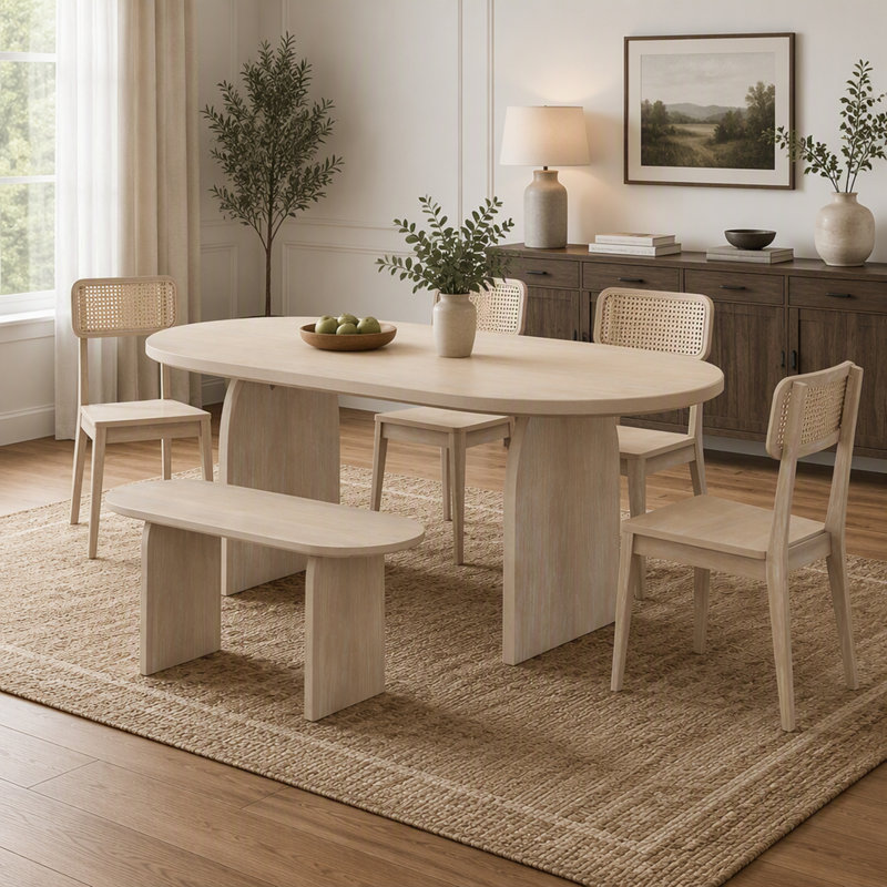 Ensemble de salle à manger moderne de 6 pièces avec table ovale, banc et chaises, pour salle à manger, Naturel, Naturel