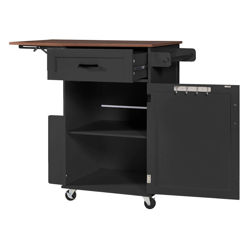 39.3" Farmhouse Kitchen Island with Drop Leaf, Kitchen Storage Island with Open Side Rack, One Drawer, Towel Rack, Black