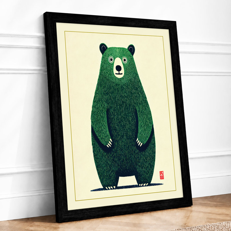 Contemplative Bear Japandi - Single Picture Frame Print, A1 - 84.1 x 59.4 cm, Black