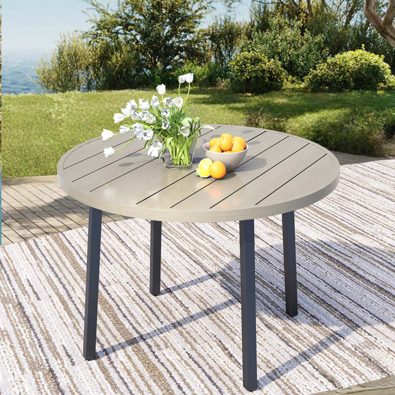 Metal Outdoor Table, Round Table for 6 with Umbrella Hole, Patio Table with Modern Minimalist Design, 47''W, Ivory