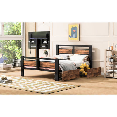 Twin Size, Metal Platform Bed, Black, Head And Foot Components, Storage Drawers, Purposes, Rotatable Tv Stand, Relaxing Before Heavy - Duty Slats, Stable Support Black Bed With Headboard Structure,