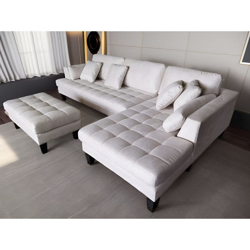 Canapé modulaire en microfibre avec repose-pieds Pritesh, Accoudoir à droite (vu de face), Microfibre / microsuède blanc