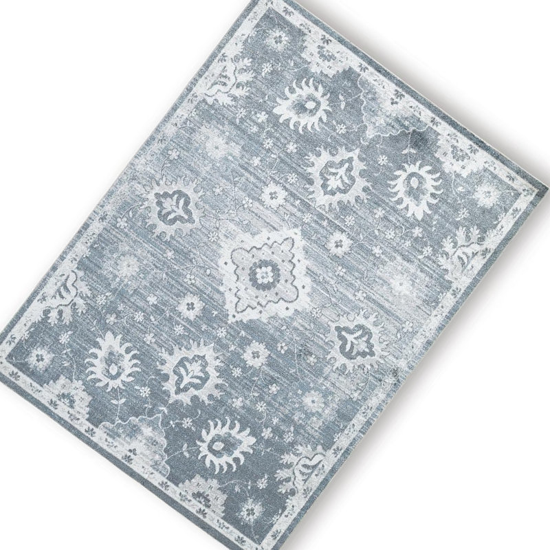 Tapis traditionnel lavable Avans, motifs gris-ivoire, polyester bleu 8 x 10
