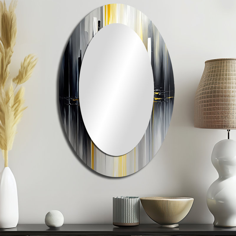 Abstract Geometric Black And Yellow II - Large Oval Wall Mirror On Metal, 36" x 24"