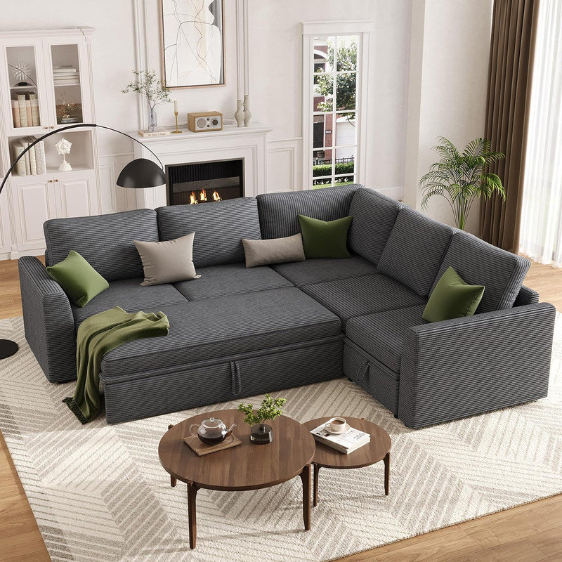 L-Shaped Sectional Sleeper Sofa with Pull-Out Bed & Storage, 5-7 Seat Chenille Couch for Living Room, Gray Corduroy